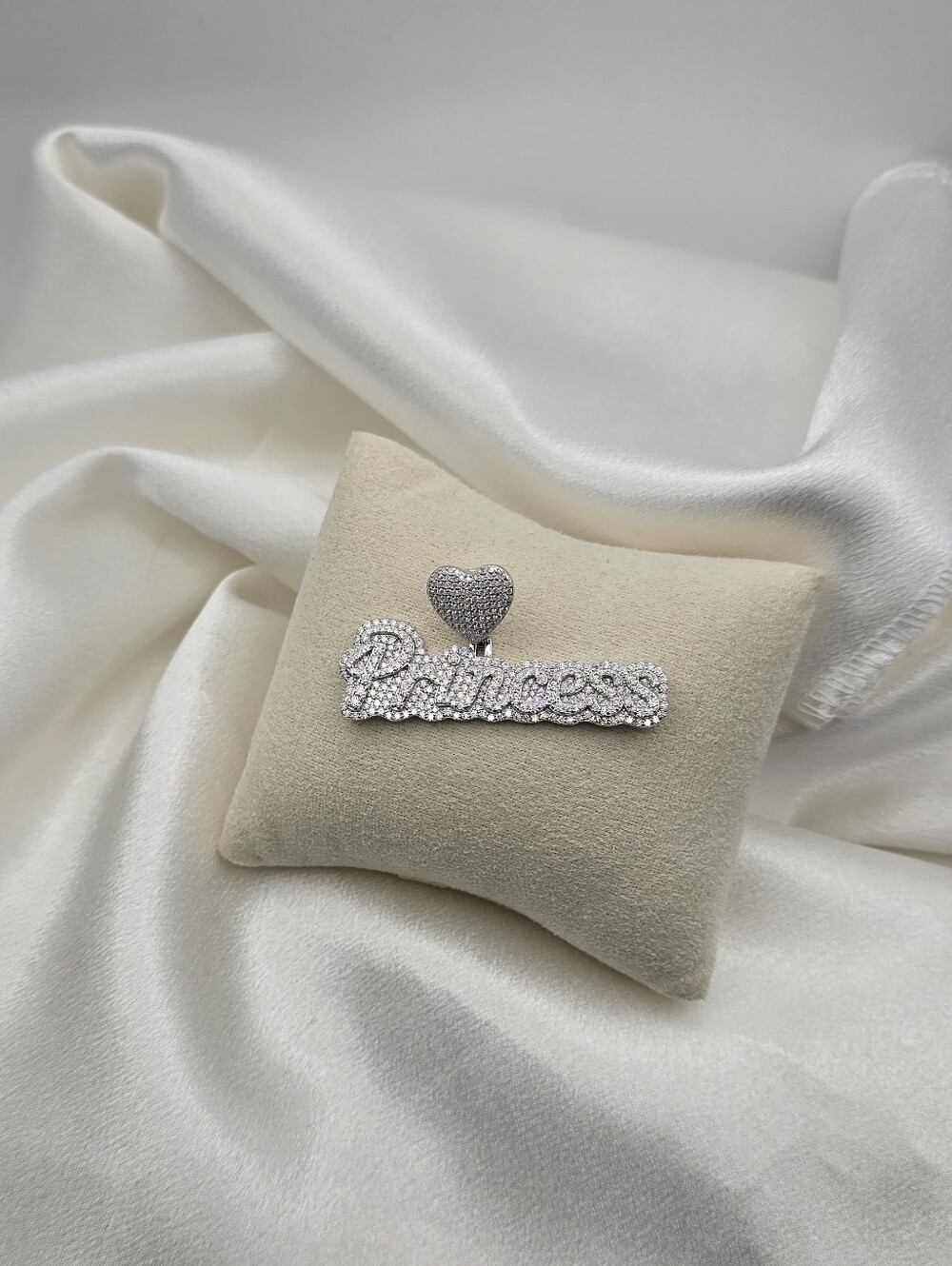 Sterling Silver 925 'Princess' Script Moissanite Pendant with Pave Heart